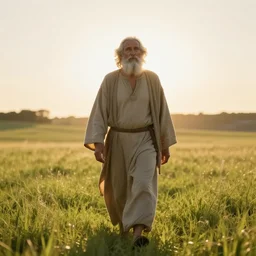 old prophet wandering about a meadow. backlighting. lit from behind. radiant glow. iso 1 5 0