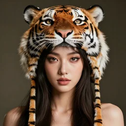 portrait of princess, tiger hat, intricate, sharp focus, octane render, realistic, detailed, beautiful, unreal engine, symmetrical!!, maybelline, sephora, loreal, artstation, art by artgerm, rossdraws, art by karol bak, makeup by pat mcgrath, cinematic, concept art, filmic, vsco