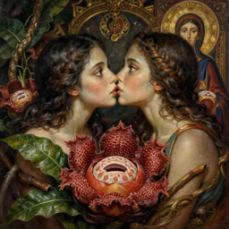 breathtaking detailed concept art painting of kissing goddesses of rafflesia arnoldii flowers, orthodox saint, with anxious, piercing eyes, ornate background, amalgamation of leaves and flowers, by Hsiao-Ron Cheng, James jean, Miho Hirano, Hayao Miyazaki, extremely moody lighting, 8K