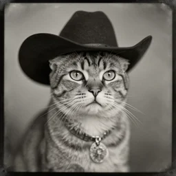 “tintype photo portrait of cowboy cat”