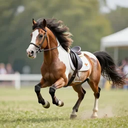 wide angle full body action shot of a my little pony as an appaloosa horse with a rider, an appaloosa hybrid has a mane and tail like my little pony, appaloosa hybrid with a rainbow tail, professional, high quality, 4 k, dof, bokeh, action, photorealistic