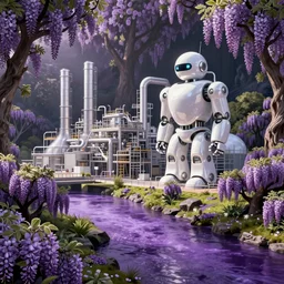 view from across the purple river of the enormous glossy white robot factory. the robot factory is within a clearing in the wisteria forest. by simon stalenhag and zaha hadid