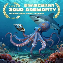 an amazing underwater comic of a blue spotted octopus selling snail shells to a shark, trending on artstation cgsociety, award winner, highly detailed, cinematic.