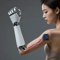 female model looking at arm which has been stopped away of flesh revealing a robotic arm, tendons, hyper realistic, dynamic lighting, sharp focus