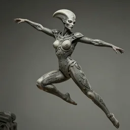 full body dynamic action shot of a beautiful alien queen with perfect symmetrical features draped in art nouveau circuitry leaping forward, detailed declotage, exaggerated female anatomy, powerful expression, by olivia de bernardinis and robert crumb, extremely hyperdetailed, 8 k, 8 mm, photorealism, hyperrealism, atmospheric lighting