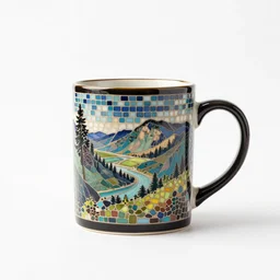 mosaic coffee mug, studio product photography, isolated on a pure white background, centered, entire object in frame, sharp focus, soft studio lighting