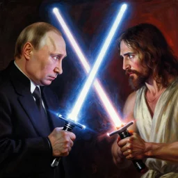 putin and jesus christ fight with lightsabers from the star wars, fist fight, detailed faces, putin face, in battle by anders zorn, wonderful, masterpiece by greg rutkowski, beautiful cinematic light, by greg manchess, jessica rossier