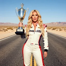 photo of Carmen Electra inside video game Cruis'n USA holding a trophy in the middle of a desert road, fine art photography