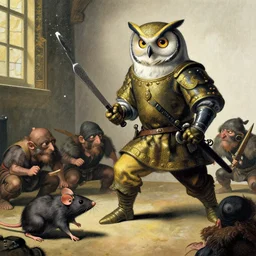 graphic novel about grumpy owl mercenary fighting with rat barbarians, colourful, by johannes vermeer