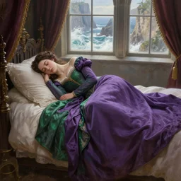 a hyperdetailed matte painting of yennefer as a princess asleep on a bed in a tower, long purple and green dress, sleeping princess!!!!, window that overlooking cliffs and crashing waves in the background, highly detailed, deep focus, elegant, digital painting, smooth, sharp focus, ultra realistic, 8 k, art by greg rutkowski and rembrandt and alphonse mucha