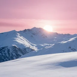 Beautiful snowy mountains under the pink clouds backlit by the sun
