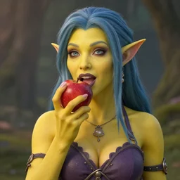 A female tiefling with yellow skin eating a candied red apple