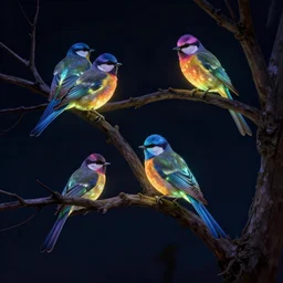 beautifully colored glowing birds are sitting on dry tree at night, dark night background, highly detailed, fantasy art by greg rutsowski, trending on artstation, masterpiece