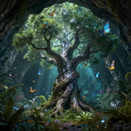 butterflies flying up to a giant magic tree in a magic cave with lot of mystic vegetation, overdetailed art, realistic, two chrome, octane render, volumetric render, hdr, cinematic, 4 k