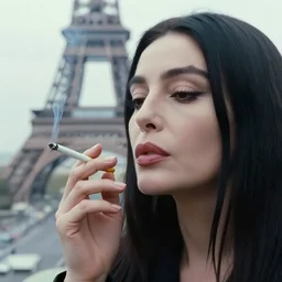cinestill 5 0 d close up portrait of a woman monica bellucci 3 / 4 style smoking a cigarette in paris environment by roversi, pale natural matt, head in focus