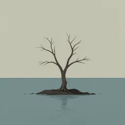a singled barren dead tree on a tiny island surrounded by a peaceful calm ocean, minimalist art, stylized illustration, dull color palette