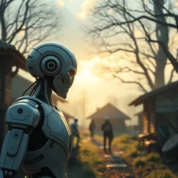 the day in the village when humanoid robots created an intelligent neural network. stylized, depth focus, rankings pixiv, artstation, soft lighting, 4 k, cinematic