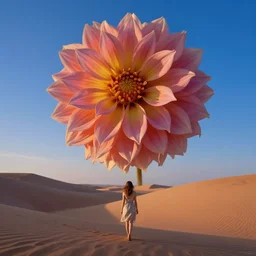 closeup giant dahlia flower crown head, a girl walking between dunes, surreal photography, sunrise, blue sky, dramatic light, impressionist painting, digital painting, artstation, simon stalenhag