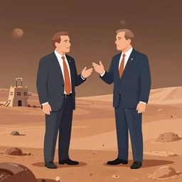 political cartoon style colored illustration of two politicians arguing on the surface of Mars