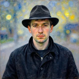 a man wearing a hat and a black jacket, a picture by jan konupek, pixabay contest winner, rayonism, anamorphic lens flare, hd, sabattier filter