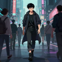 a beautiful picture of a cyberpunk rogue walking in a crowded city by greg rutkowski and katsuhiro otomo trending on artstation