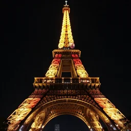 night photo of the eiffel tower illuminated in red and yellow