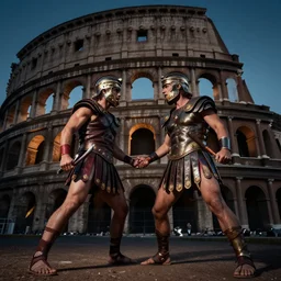 gladiator fights, colosseum, moody light, low angle, uhd 8 k, sharp focus