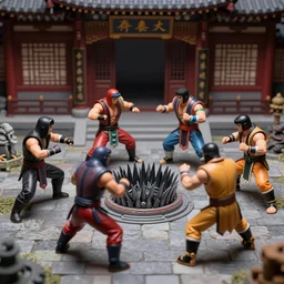 photo of nendroid figures inside a diorama, depicting the cute fighters of mortal kombat brutally fighting each other inside a shaolin temple next to a spike - pit.