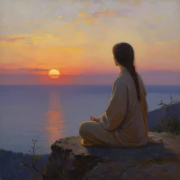 a stunning painting of a woman zen monk on a seaside mountain overlook at sunset by thomas kinkade and john atkinson grimshaw, matte painting, moody palette