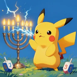painting of Pikachu blasting electricity at a Hanukkah menorah, vibrant, dreidels, digital art