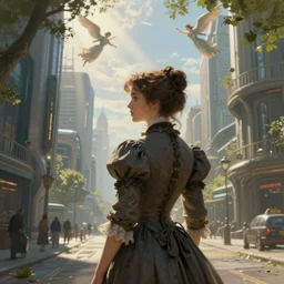 portrait of a victorian lady in a futuristic city, from behind, streets, angels in the sky, sunlight and rays of light shining through trees, tall buildings on the sides, beautiful, solarpunk!!!, highly detailed, digital painting
