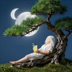 humanistic moon resting under a bonsai tree while holding a lemonade