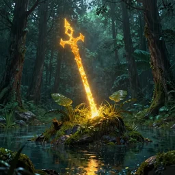 holy heavy glowing claymore sticking into an island within a middle of a pond in a rainy forest, wide shot, moody high exposure, digital painting, concept art, photoshop speedpaint, vibrant deep saturated colors,