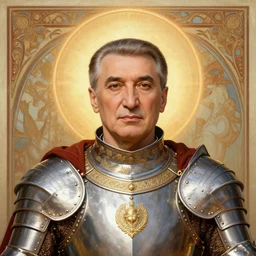 masterpiece head-on symmetrical centered painted portrait, Nursultan Nazarbayev as a holy warrior, holy light halo, glorious, wearing full metal armour, elegant, distant, in the style of Ruan Jia and Artgerm and Edgar Maxence and Ross Tran and Michael Whelan and Mucha, 8k, octane render
