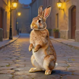 a beautiful painting of a rabbit standing on the back legs on a street paved with cobblestones and warm streetlights, highly detailed, smooth, sharp focus, intricate, fantasy, trending on artstation, elegant, by Thomas Kinkade
