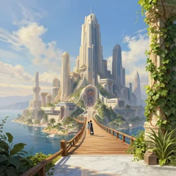 futuristic sci-fi city of Atlantis  hill valley grec greeble temple of olympus glory island  little wood bridge painting of tower  ivy plant   in marble  late afternoon light, wispy clouds in a blue sky, by frank lloyd wright and greg rutkowski and ruan jia Beautiful detailed illustration by Lurid. (2022)