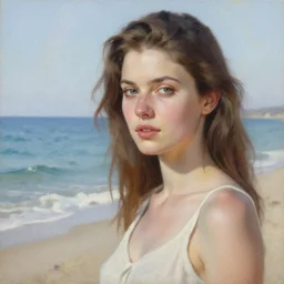 portrait of a beautiful woman by the beach, morning, highly detailed, ultrarealistic oil painting, vladimir volegov, artstation