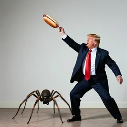 a spider throwing hot dogs on donald trump, 8 k, dramatic, a scene from a film. trending.