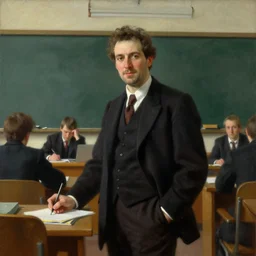 attractive male professor, university classroom painting by gaston bussiere, craig mullins, j. c. leyendecker, tom of finland