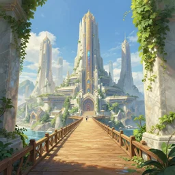 futuristic temple of olympus glory  sci-fi city of Atlantis  hill valley grec greeble wood bridge painting of tower  ivy plant   in marble , behance hd by Jesper Ejsing, by RHADS, Makoto Shinkai and Lois van baarle, ilya kuvshinov, rossdraws global illumination