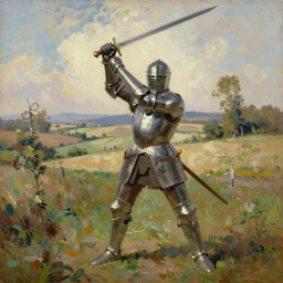painting of a knight holding up his sword, countryside, daytime, beautiful oil painting in the style of john everett,