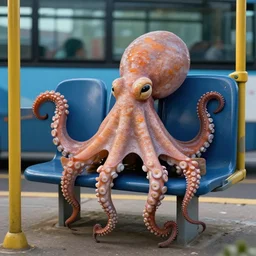 a strange bird octopus hybrid creature waiting for the bus