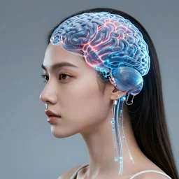 a beautiful young lady's brain enhanced with cybernetics