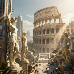 an futuristic cyberpunk city with venus statues and an ancient giant roman senate and bright sun rays 8 k highly detailed hyperornate by marc simonetti and caspar david friedrich, trending on artstation