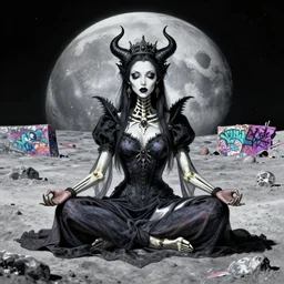 in the style of artgerm and joshua middleton, full body, beautiful queen, demon, skeleton, queen, wearing a dress, meditating on the lunar surface, meditation, graffiti, highly detailed