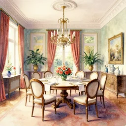a hiper intricate watercolor of a beatiful dining room, extremely detailed, sharp focus, elegant, wide view, smooth, digital illustration, colorfull, by william turner art, by greg rutowski