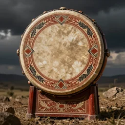 indigenous highly decorated round drum, fantasy art, matte painting
