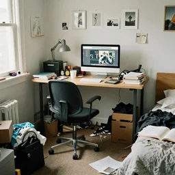 photograph of messy bedroom office