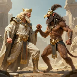 epic professional digital art of gilgamesh battling enkidu, by leesha hannigan, iris van herpen, artstation, cgsociety, wlop, epic, much wow, much detail, gorgeous, detailed, masterpiece