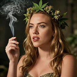 scarlet johanson as a goddess of smoking weed, crown on head with marihuana leaf, shot from professional camera, ultra realistic, beatiful lights